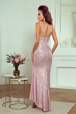 Sukienka długa cekinowa dekolt w łódkę róż