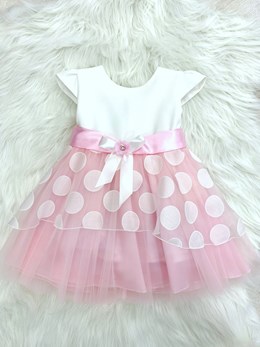 Sukienka dziecięca tiul groszki kokardka biel/róż