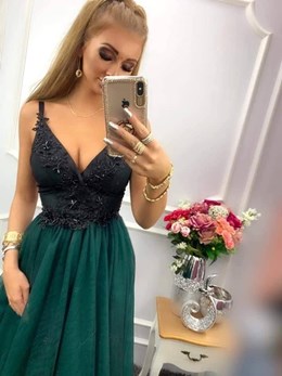 Sukienka długa tiulowa na ramiączkach zieleń/czerń