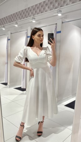 Sukienka midi rękawek 3/4 pas wiązanie biel