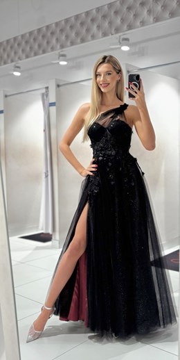 Sukienka długa asymetria tiul czerń/bordo