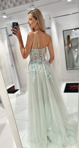 Sukienka długa asymetria tiul brokat szałwia