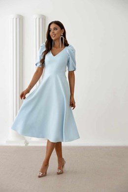 Sukienka midi rękawek dekolt V wiązanie błękit