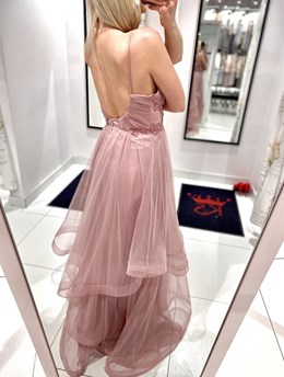 Sukienka długa balowa falbany koronka wrzos