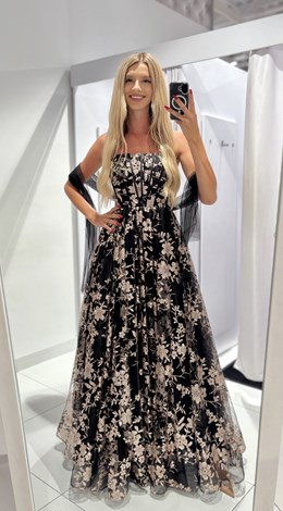 Sukienka długa balowa brokatowe kwiaty czerń/złoto