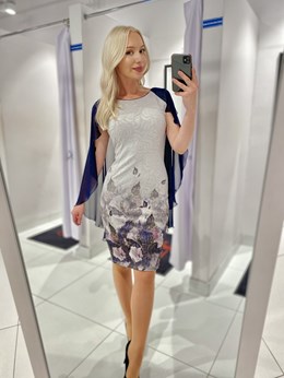 Sukienka krótka nietoperz kwiaty wzór szary/granat