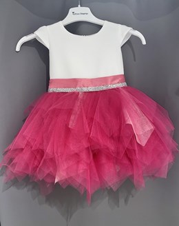 Sukienka dziecięca pierzynka różyczka biel/ fuksja