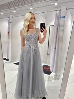 Sukienka długa zdobienie tiul wiązanie szara