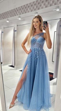 Sukienka długa asymetria tiul brokat jeans