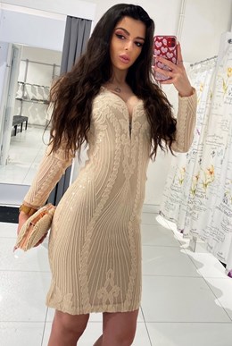 Sukienka krótka dopasowana rękaw cekiny beż