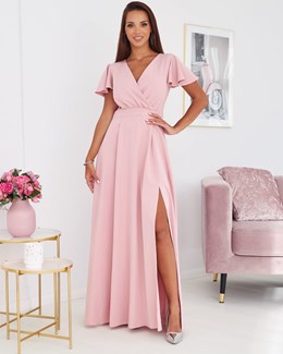 Sukienka długa rękawki dekolt pudrowy róż