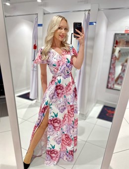 Sukienka długa rękawki dekolt kwiaty fiolet