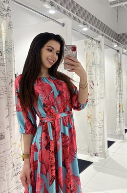 Sukienka długa długi rękaw kwiaty niebieski/róż