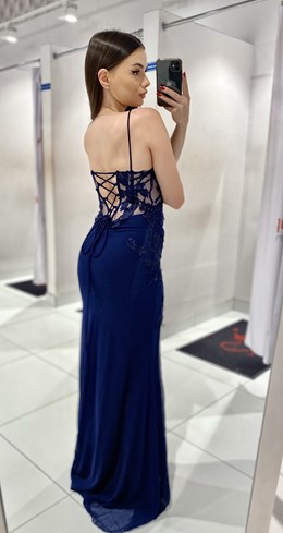 Sukienka długa gorset zdobienie haft granat