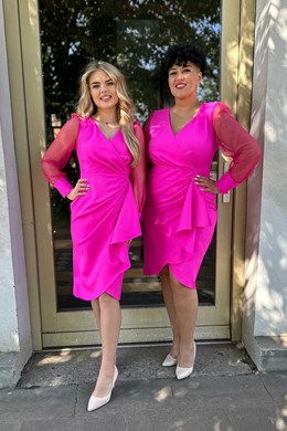 Sukienka krótka siateczka rękaw falbanka fuksja