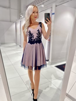 Krótka sukienka koronka tiul granat/róż