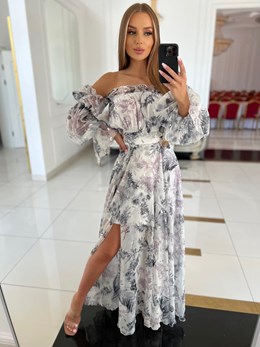 Sukienka długa hiszpanka rękaw kwiaty popiel