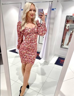 Sukienka krótka rękaw pas kwiaty pomarańcz/róż