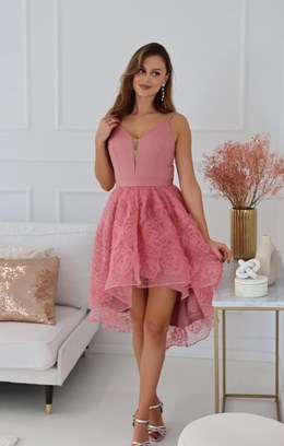 Sukienka asymetryczna zdobiona spódnica róż