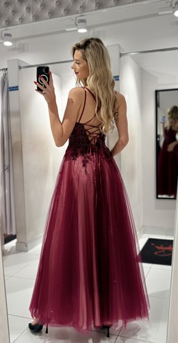 Sukienka długa gorset zdobienie tiul burgund/krem