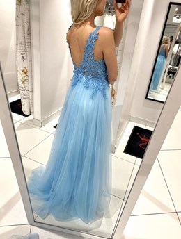 Sukienka długa koronkowy gorset tiul błękit