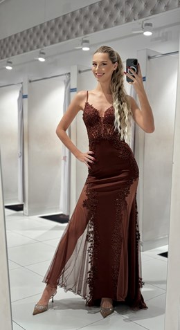 Sukienka długa gorset rybka haft czekolada