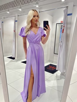 Sukienka długa rękawki dekolt lila