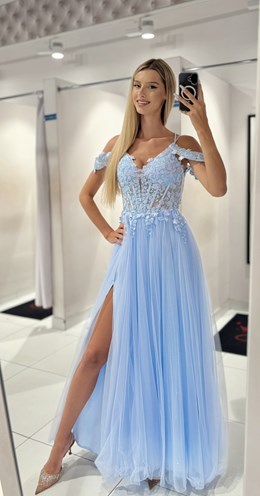 Sukienka długa tiul gorset haft błękit