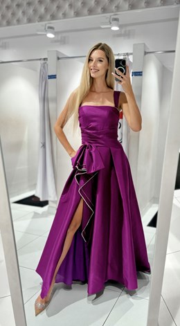 Sukienka długa kokarda marszczenie  fiolet