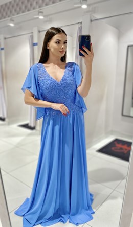 Sukienka długa rękawek zdobiona góra ciemny błękit