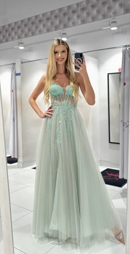 Sukienka długa gorset tiul brokat koraliki szałwia