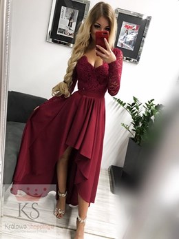 Sukienka długa asymetryczna długi rękaw bordo