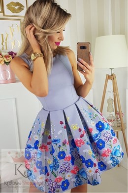 Sukienka krótka gładka kwiaty szary