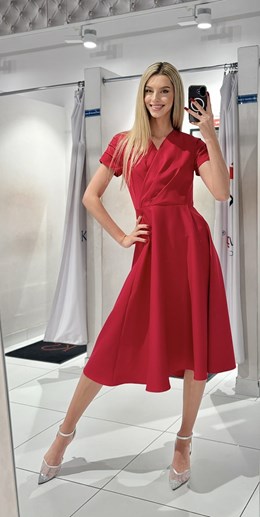 Sukienka midi marszczony rękawek malina