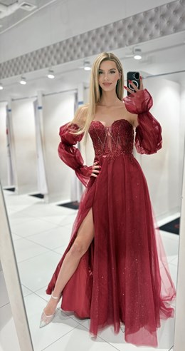 Sukienka długa gorset wiązanie rękawki bordo