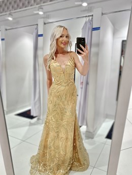 Sukienka długa rybka cekiny brokat złoto