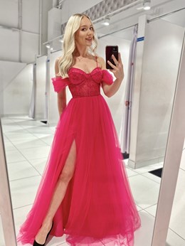 Sukienka długa gorset opadające ramiączko magenta