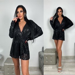 Kombinezon krótki cekinowy z długim rękawem czerń