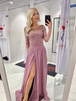 Sukienka długa rękaw koronka fiolet