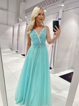 Sukienka długa tiulowa na ramiączkach mięta