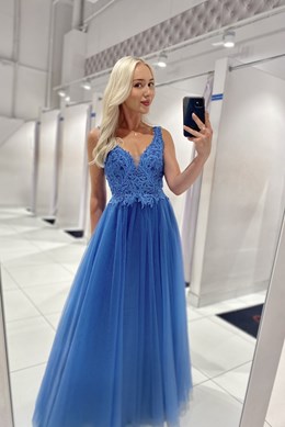 Sukienka długa koronkowy gorset tiul niebieska