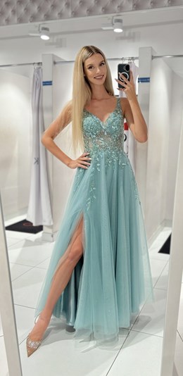 Sukienka długa gorset zdobienie tiul pistacja