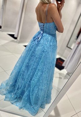 Sukienka długa balowa brokatowe kwiaty błękit