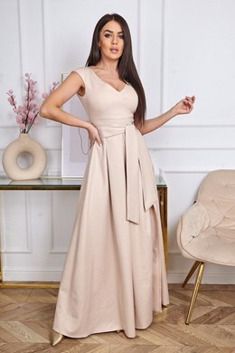 Sukienka długa pas rozcięcie błyszcząca beż