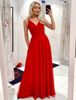 Sukienka długa na ramiączkach tiul brokat czerwień