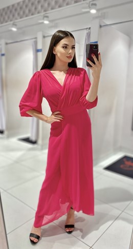 Sukienka długa rękaw pas malina