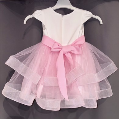 Sukienka dziecięca falbany ozdoba kwiatek biel/róż