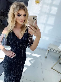 Sukienka długa rękawek frędzle cekiny czerń