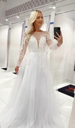 Sukienka długa tył wiązanie rękaw tiul biel