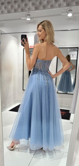 Sukienka długa gorset tiul brokat koraliki jeans